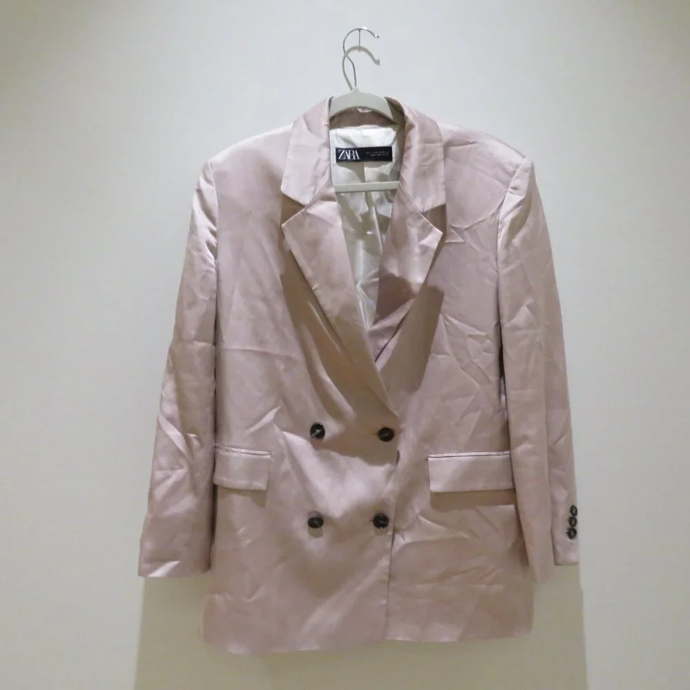 ZARA Long Buttoned Collared Satin Blazer in Blush Pink Pastel Preppy - Size S - Picture 2 of 13